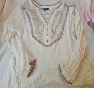 Denim&Co Cream Embroidered Button-Front Tunic